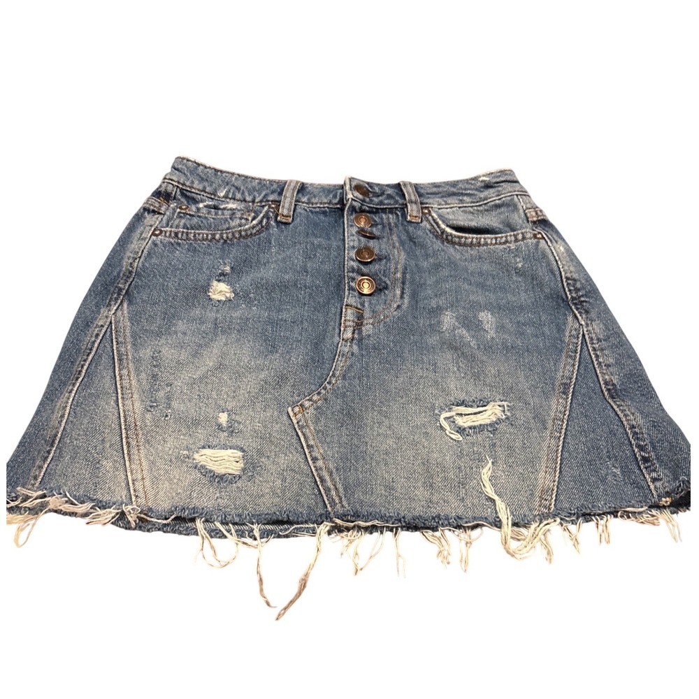 We The Free Free People Denim Mini Skirt Blue Distressed Button Fly 26 0581